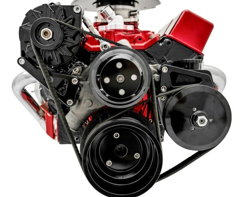 Pulley Kit - Sport Track - 6-Rib Serpentine - Aluminum - Black Powder Coat - Long Water Pump - Small Block Chevy - Kit