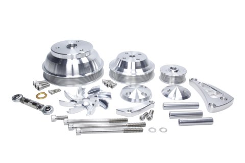 Pulley Kit - Ultra - High Water Flow - 6-Rib Serpentine - Aluminum - Clear Power Coat - Mid-Mount - Long Water Pump - Small Block Chevy - Kit