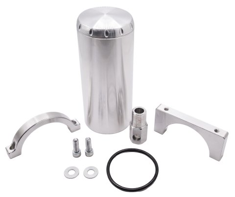 Power Steering Reservoir - 8 oz - 6 in Tall x 2.375 in OD - 3/8 in NPT Female Inlet - 3/8 in NPT Female Outlet - Bracket Included - Aluminum - Clear Powder Coat - Each