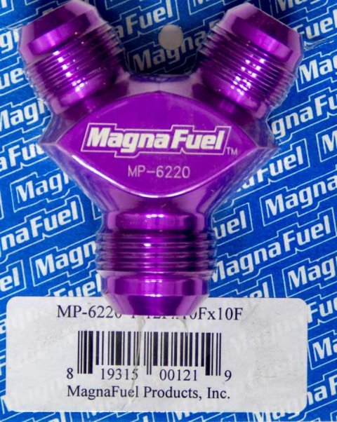 Fitting - Y Block - 12 AN Male Inlet - Dual 10 AN Male Outlets - Aluminum - Purple Anodized - Each