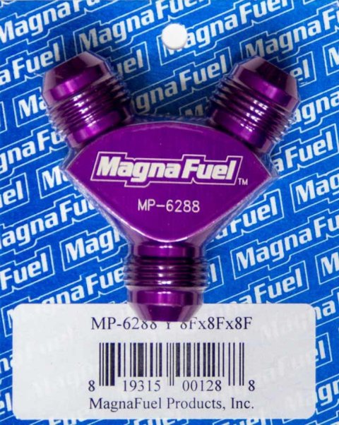 Fitting - Y Block - 8 AN Male Inlet - Dual 8 AN Male Outlets - Aluminum - Purple Anodized - Each