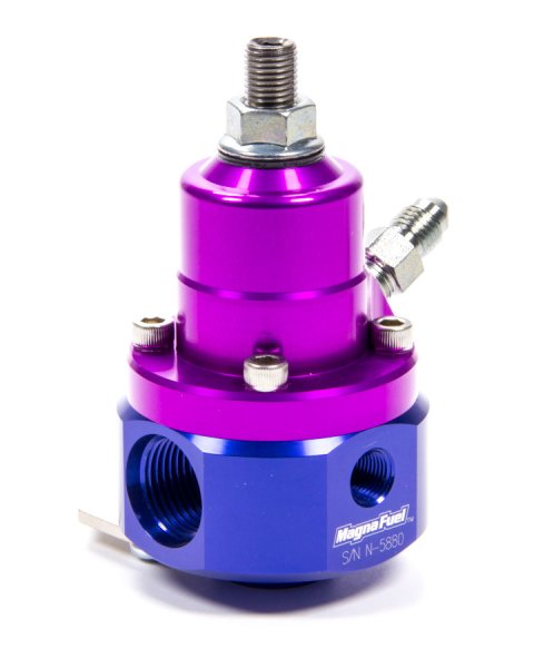 Fuel Pressure Regulator - QuickStar EFI Boost - 35 to 85 psi - In-Line - 8 AN O-Ring Inlets - 6 AN O-Ring Outlet - 1/8 in NPT - Aluminum - Blue / Purple Anodized - E85 / Gas / Methanol - Each
