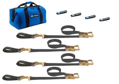 Tie Down Strap Kit - Ultra Pack - Four 2 x 8 ft Direct Hook Ratchet Straps - Four Axle Straps - Gear Bag - Black - Kit