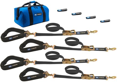 Tie Down Strap Kit - Pro Pack - Four 2 x 8 ft Direct Hook Ratchet Straps - Four 24 in Axle Straps - Four Fleece Sleeves - Gear Bag - Black - Kit
