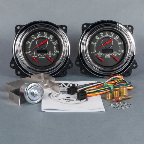 Gauge Kit - Woodward 3-N-1 - Analog - Fuel Level / Oil Pressure / Speedometer / Tachometer / Voltmeter / Water Temperature - 4-3/8 in Diameter - Black Face - Chevy Truck 1947-53 - Kit