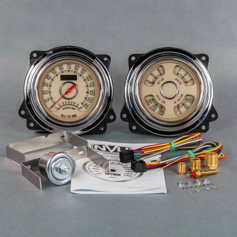 Gauge Kit - Woodward - Analog - Fuel Level / Oil Pressure / Speedometer / Tachometer / Voltmeter / Water Temperature - 4-3/8 in Diameter - Beige Face - Chevy Truck 1947-53 - Kit