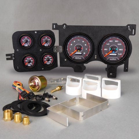 Gauge Kit - CFR Red - Analog - Fuel Level / Oil Pressure / Water Temperature / Voltmeter / Tachometer / Speedometer - Black / Red Face - GM Fullsize Truck 1973-87 - Kit