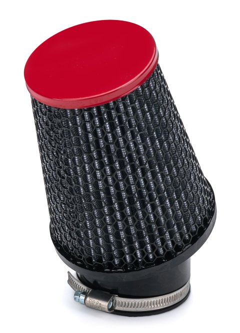 Air Filter Element - Round - 3 in Diameter - 5 in Tall - Wire Mesh Included - Paper - Gray - Red End Cap - Asphalt Kart - Each