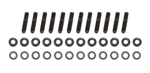 Header Stud - 3/8-16 and 3/8-24 in Thread - 1.675 in Long - Nuts Included - Broached - Steel - Black Oxide - Small Block Chevy - Set of 12