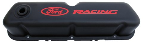 Valve Cover - Stock Height - Baffled - Breather Hole - Ford Racing Logo - Steel - Black Crinkle - Small Block Ford - Pair