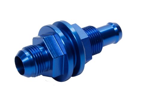 Fitting - Bulkhead - Straight - 12 AN Male to 3/4 in Hose Barb - Compression Ring / Jam Nut / Washer - Aluminum - Blue Anodized - Saldana Fuel Cells -