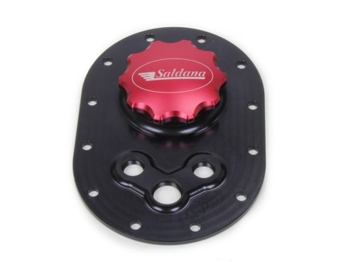 Fuel Cell Filler Plate - Screw-On Cap - 4 x 6 in Oval 12-Bolt Flange - Three 6 AN Female Ports - Aluminum - Black Anodized - Kit