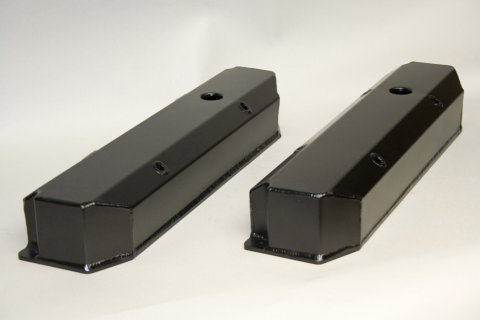 Valve Cover - Stock Height - Breather Hole - Hardware Included - Aluminum - Black Anodized - Aftermarket Heads - Mopar B / RB-Series - Pair