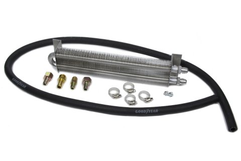 Fluid Cooler - Two Pass System - 12 x 2.5 x 1.5 in - Tube Type - 6 AN Male Inlet / Outlet - 11/32 in Hose Barb Adapters - Brackets / Fittings / Hardware / Hose - Aluminum - Natural - Kit