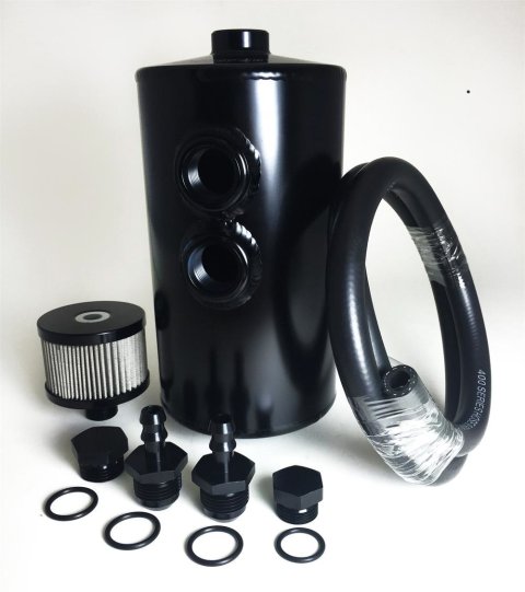 Breather Tank - Bolt-On - 101.6 mm Diameter x 210.64 in Tall - 24 oz - Dual 10 AN O-Ring Female Inlet - Breather / Fittings / Hose Included - Aluminum - Black Anodized - Each