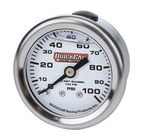Fuel Pressure Gauge - Mini - 0-100 psi - Mechanical - Analog - Liquid Filled - Full Sweep - 1-1/2 in Diameter - White Face - Each