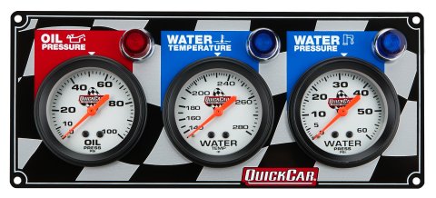 Gauge Panel Assembly - Legend Series - Checkered Flag Panel - Oil Pressure / Water Temperature / Water Pressure - 2-5/8 in Diameter - White Face - Warning Light - Kit