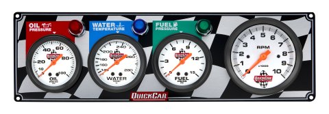Gauge Panel Assembly - Fuel Pressure / Oil Pressure / Tachometer / Water Temperature - 3-3/8 in / 2-5/8 in Diameter - Silver Face - Warning Light - Kit