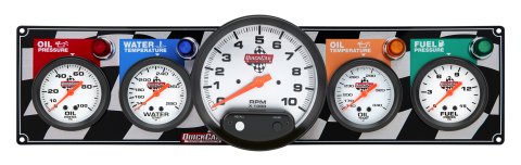 Gauge Panel Assembly - Fuel Pressure / Oil Pressure / Oil Temperature / Tachometer / Water Temperature - 5 in / 2-5/8 in Diameter - Silver Face - Warning Light - Kit
