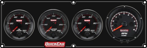 Gauge Panel Assembly - Redline - Oil Pressure / Water Temperature / Fuel Pressure / Tachometer - Tachometer Recall - 3 in / 2-5/8 in Diameter - Black Face - Aluminum - Black Anodized - Kit