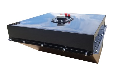 Fuel Cell and Can - Circle Track - SFI 28.3 - Wedge - 18 gal - 24.5 in Wide x 24.5 in Deep x 13 in Tall - 10 AN Male Outlet - 8 AN Male Return - 8 AN Male Vent - Foam - Steel - Black Powder Coat - Each