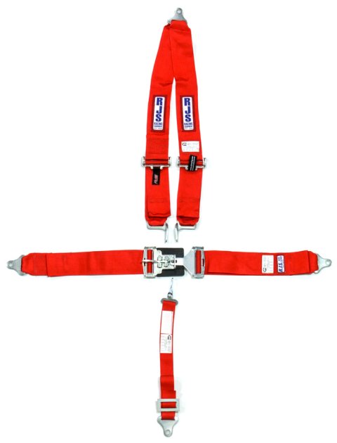Harness - 5 Point - Latch and Link - SFI 16.1 - 64 in Length - Pull Down Adjust - Bolt-In - V-Type Harness - Red - Kit