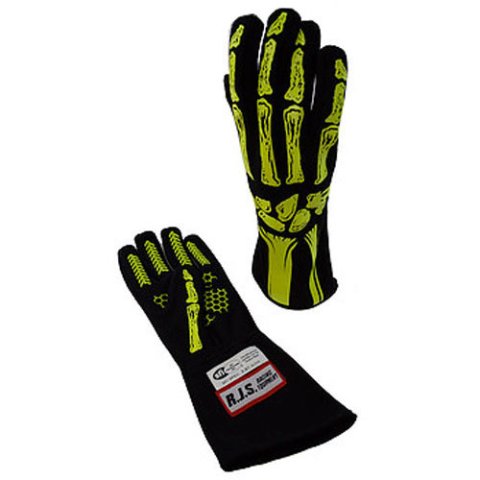 Driving Gloves - Skeleton - SFI 3.3/1 - Single Layer - Nomex - Black / Yellow - X-Large - Pair