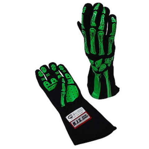 Driving Gloves - Skeleton - SFI 3.3/5 - Double Layer - Nomex - Black / Green - X-Large - Pair
