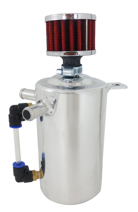 Breather Tank - Bolt-On - 3 in Diameter x 7.5 in Tall - 1 Pint - Dual 1/2 in Hose Barb Inlets - Aluminum - Natural - Each