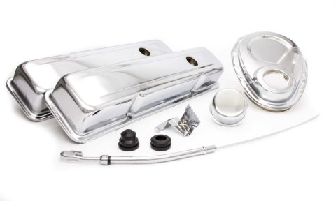 Engine Dress Up Kit - Short Valve Covers / Breather / Dipstick / Grommets / Timing Cover / Timing Tab - Steel - Chrome - Small Block Chevy - Kit