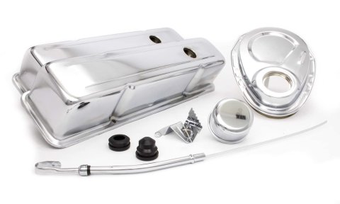 Engine Dress Up Kit - Tall Valve Covers / Breather / Dipstick / Grommets / Timing Cover / Timing Tab - Steel - Chrome - Small Block Chevy - Kit