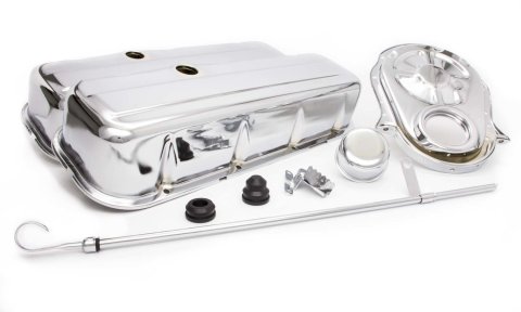 Engine Dress Up Kit - Tall Valve Covers / Breather / Dipstick / Grommets / Timing Cover / Timing Tab - Steel - Chrome - Big Block Chevy - Kit