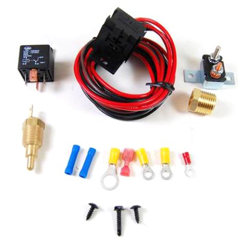 Fan Controller - 200 Degree F On - 185 Degree F Off - 3/8 in NPT Thread Temperature Sensor - Bushing / Harness / Relay - Universal - Kit