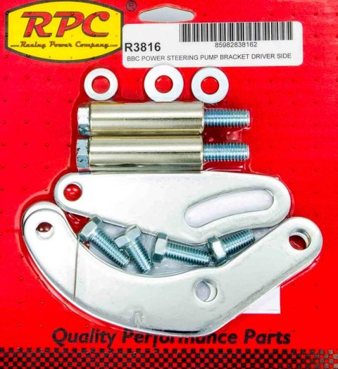 Power Steering Pump Bracket - Driver Side - Block Mount - Steel - Chrome - Short Water Pump - Big Block Chevy - Kit