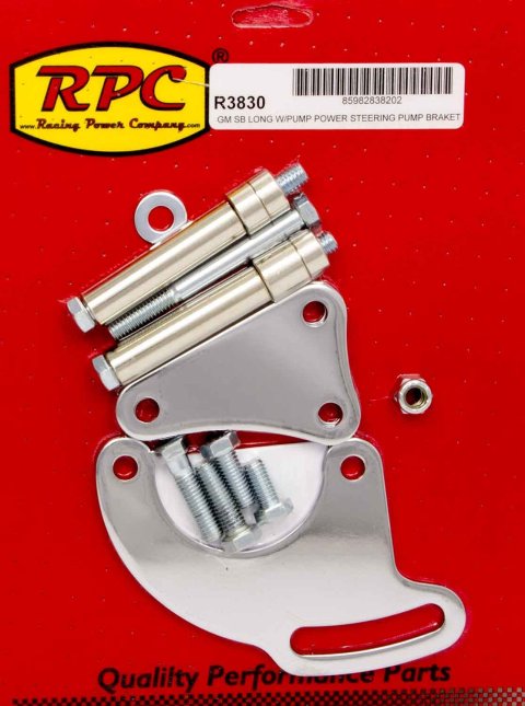 Power Steering Pump Bracket - Driver Side - Block Mount - Steel - Chrome - Long Water Pump - Small Block Chevy - Kit