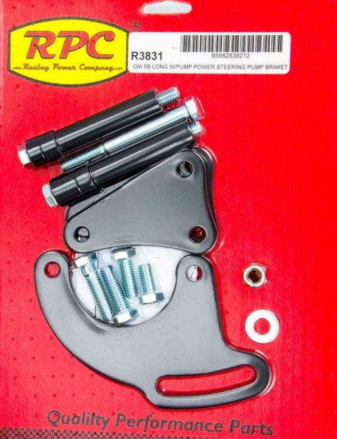 Power Steering Pump Bracket - Driver Side - Block Mount - Steel - Black Paint - Long Water Pump - Small Block Chevy - Kit
