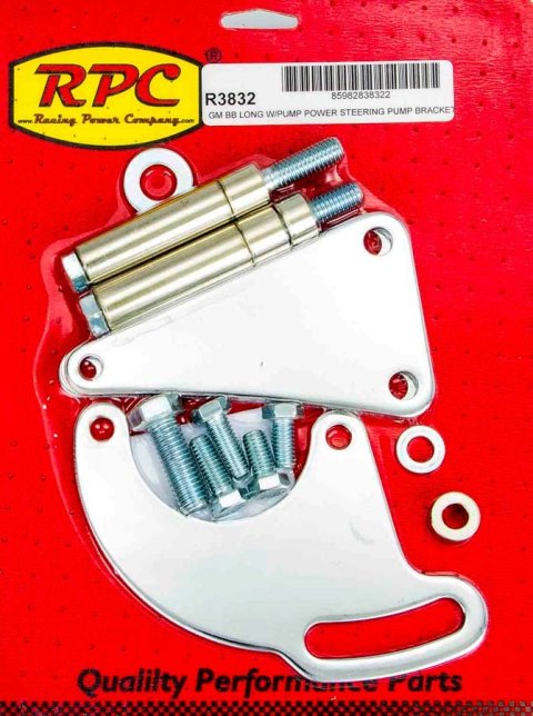 Power Steering Pump Bracket - Driver Side - Block Mount - Steel - Chrome - Long Water Pump - Big Block Chevy - Kit