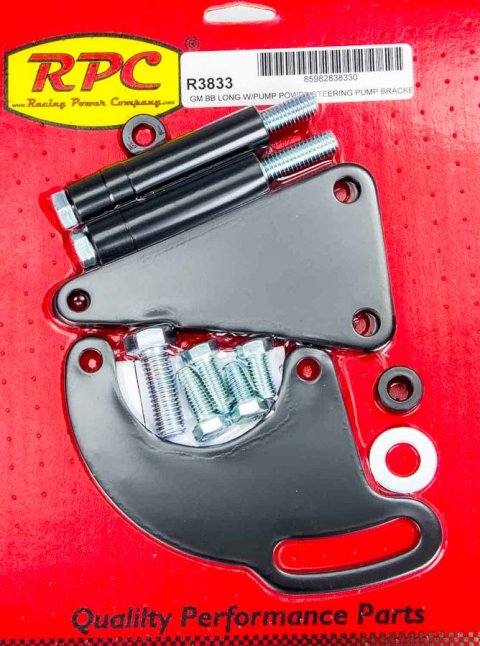 Power Steering Pump Bracket - Driver Side - Block Mount - Steel - Black Paint - Long Water Pump - Big Block Chevy - Kit