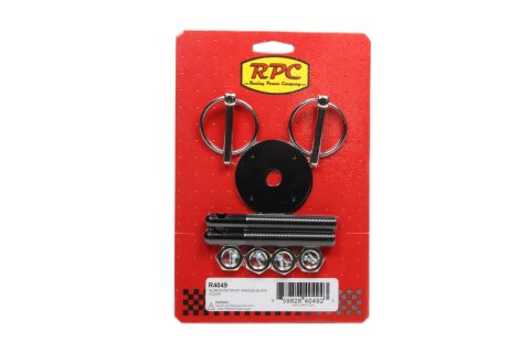 Hood Pin - 0.5 in OD x 3.875 in Long - 2.25 in OD Scuff Plates - Torsion Clips - Hardware Included - Aluminum - Black Anodized - Kit