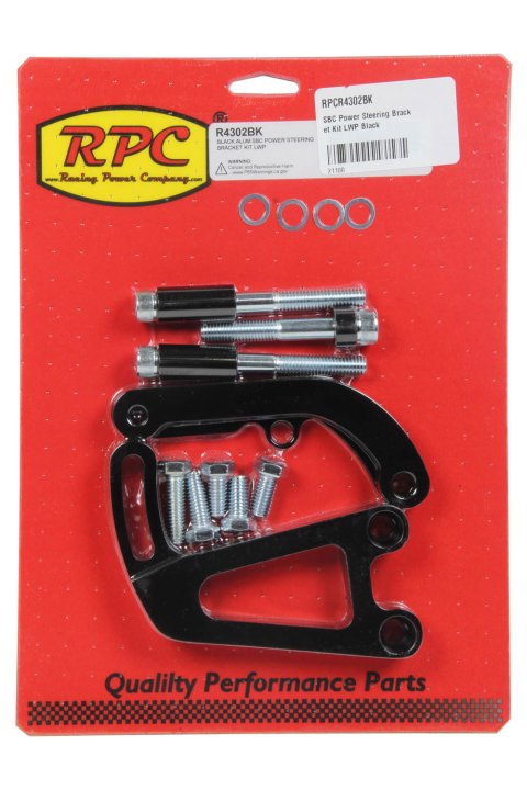 Power Steering Pump Bracket - Driver Side - Block Mount - Aluminum - Black Anodized - Long Water Pump - Small Block Chevy - Kit