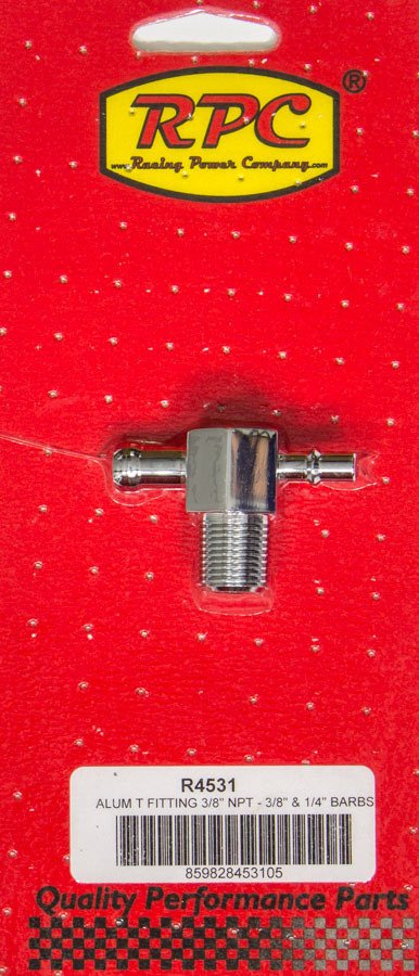 Fitting - Adapter Tee - 3/8 in NPT Male x 3/8 in Hose Barb x 1/4 in Hose Barb - Aluminum - Chrome - Each