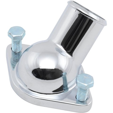 Water Neck - 45 Degree - 1-1/2 in ID Hose - Gasket / Hardware Included - Steel - Chrome - Chevy V8 - Each