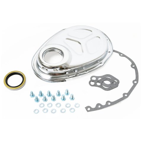 Timing Cover - 1-Piece - Gaskets / Hardware / Seal Included - Steel - Chrome - Small Block Chevy - Each