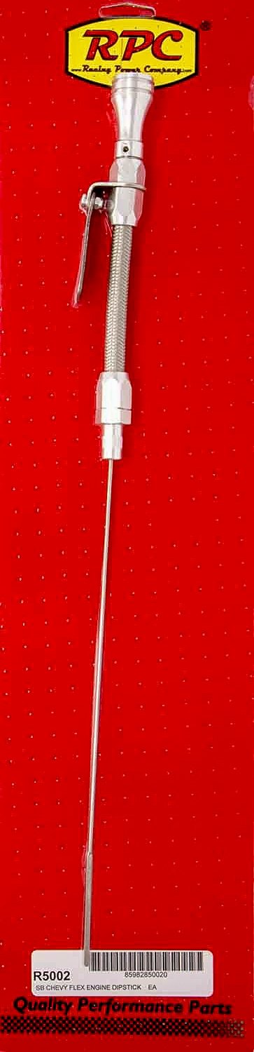 Engine Oil Dipstick - Flexible - Block Mount - Braided Stainless - Aluminum - Clear Anodized - Small Block Chevy - Each