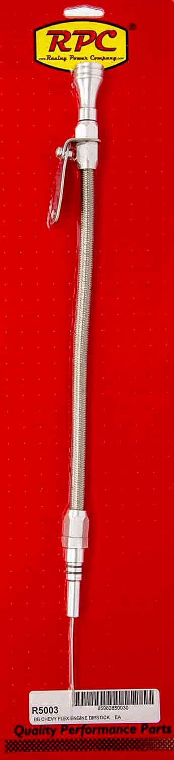 Engine Oil Dipstick - Flexible - Block Mount - Braided Stainless - Aluminum - Clear Anodized - Big Block Chevy - Each