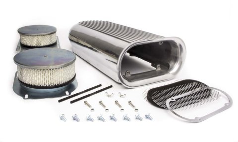 Air Cleaner Assembly - Hilborn Style Scoop - 20 in Long - 5 in Tall - Dual 5-1/8 in Carb Flange - Aluminum - Polished - Kit