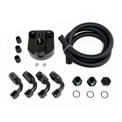 Remote Oil Filter Mount - Single Filter - 13/16-16 in / 3/4-16 in / 22 mm 1.5 Thread - 12 AN Female Inlet - 12 AN Female Outlet - Bolt-On - 2-Bolt Flat Mount - Aluminum - Black Anodized - Kit