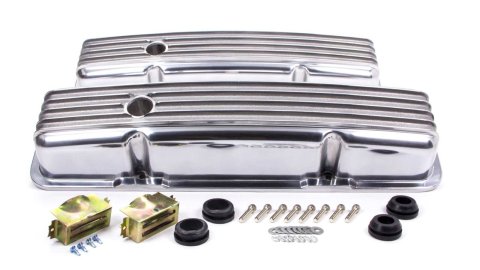 Valve Cover - Short - 2.563 in Height - Finned - Baffled - Breather Holes - Hardware Included - Full Finned - Aluminum - Polished - Small Block Chevy - Pair