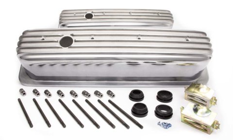 Valve Cover - Tall - 3.688 in Height - Finned - Baffled - Breather Holes - Hardware Included - Aluminum - Polished - Center Bolt - Small Block Chevy - Pair