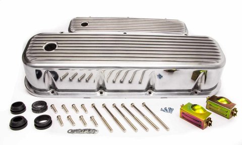 Valve Cover - Tall - 4 in Height - Finned - Baffled - Breather Holes - Aluminum - Polished - Big Block Chevy - Pair